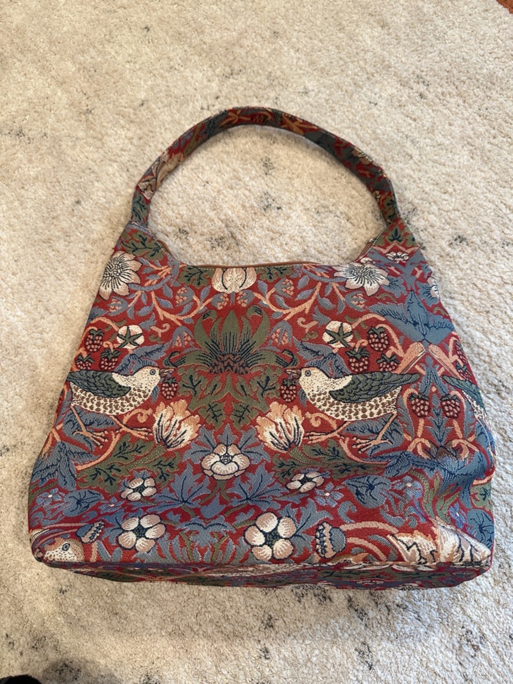 Tapestry Bird-Print Shoulder Bag in Rust and Blue